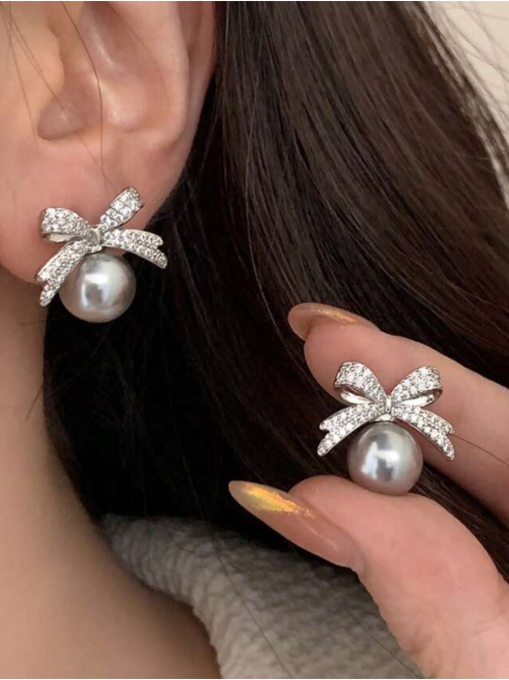 Silver Bow Faux Pearl Stud Earrings - Picture 2 of 2